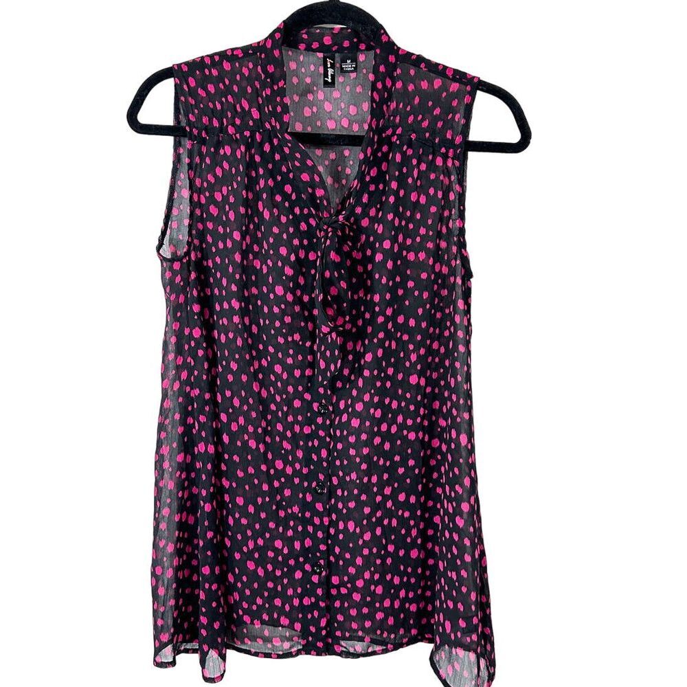 Love‎ Always Women's SZ M Black Pink Polka Dots Sheer Sleeveless Blouse
